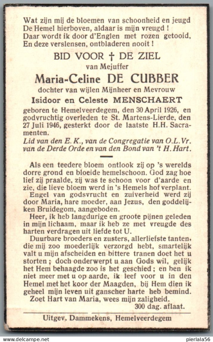 Bidprentje Hemelveerdegem - De Cubber Maria Celine (1926-1946) - Santini