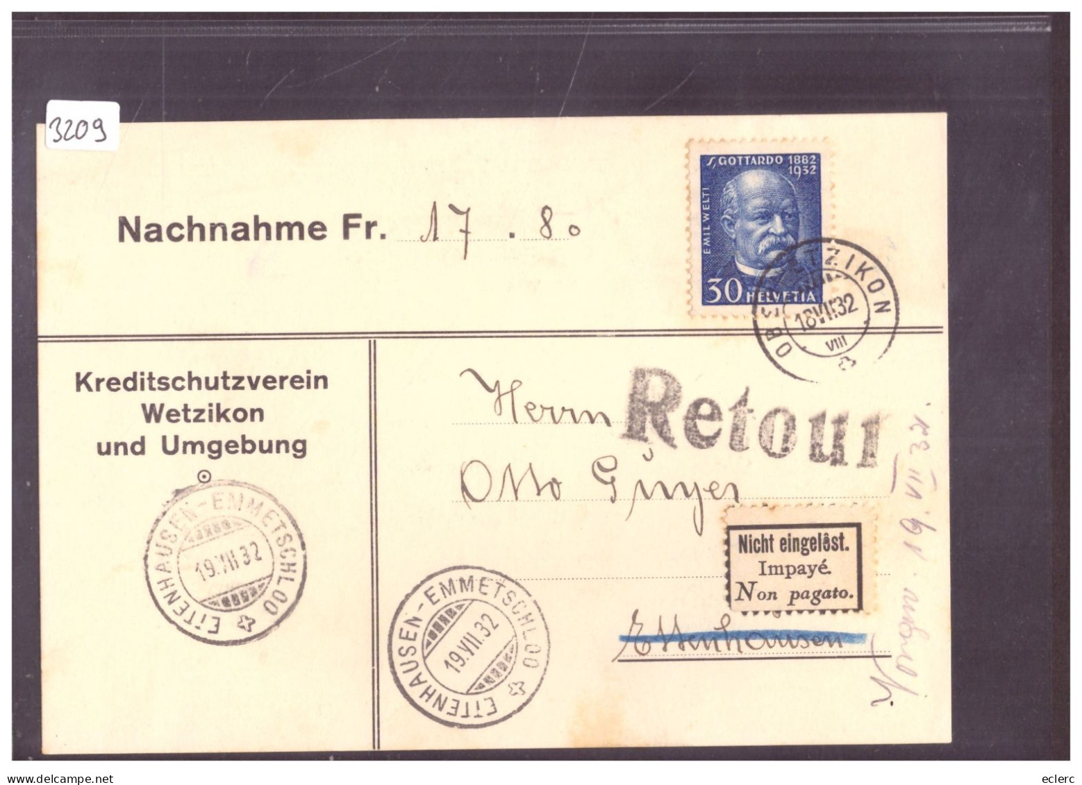 CARTE NACHNAHME - KREDITSCHUTZVEREIN WETZIKON - ETIQUETTE IMPAYE - Covers & Documents