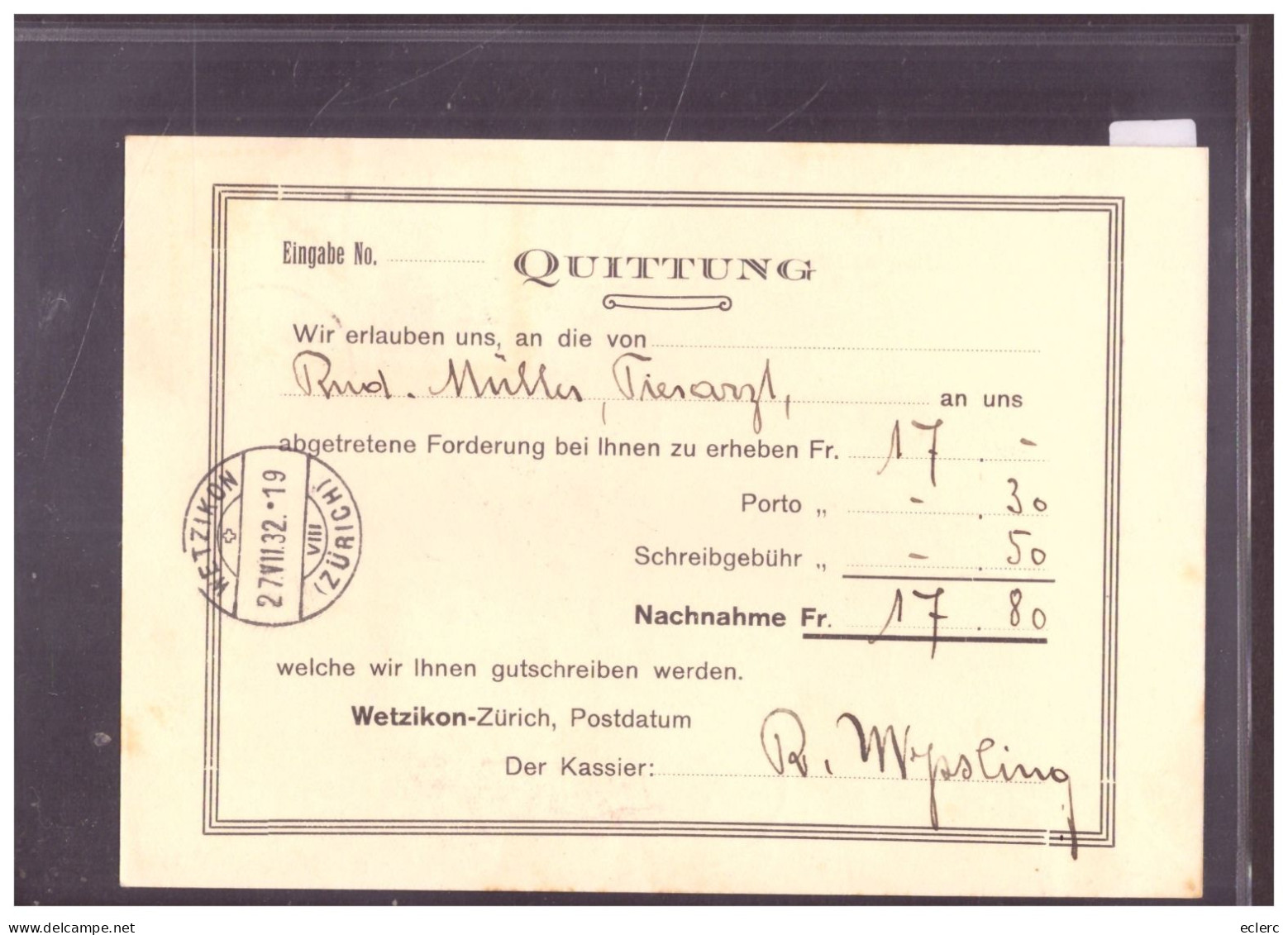 CARTE NACHNAHME - KREDITSCHUTZVEREIN WETZIKON - ETIQUETTE IMPAYE - Covers & Documents