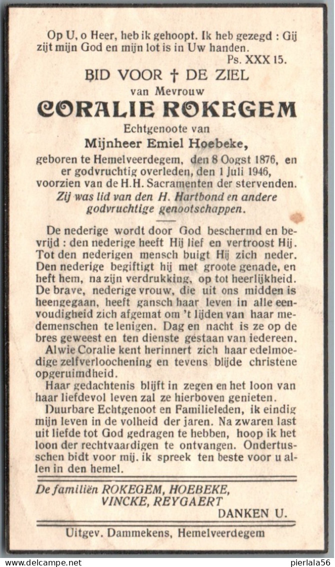 Bidprentje Hemelveerdegem - Rokegem Coralie (1876-1946) - Imágenes Religiosas