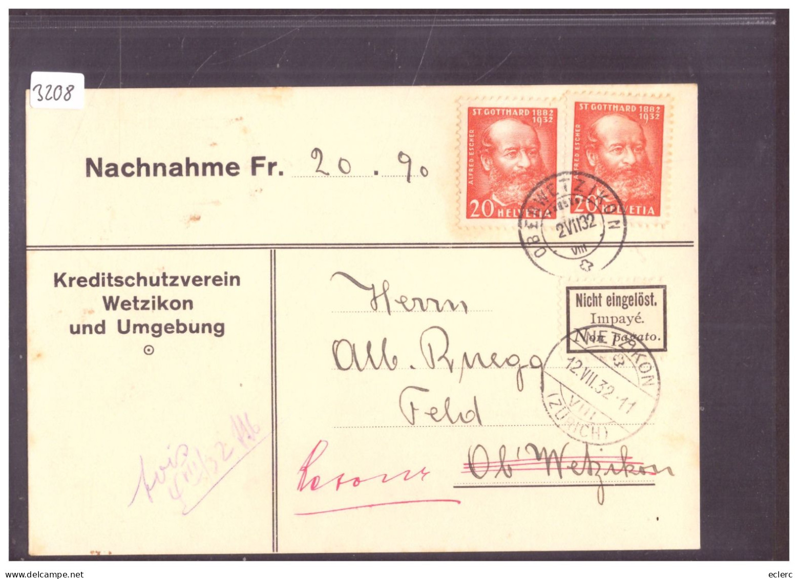 CARTE NACHNAHME - KREDITSCHUTZVEREIN WETZIKON - ETIQUETTE IMPAYE - Lettres & Documents