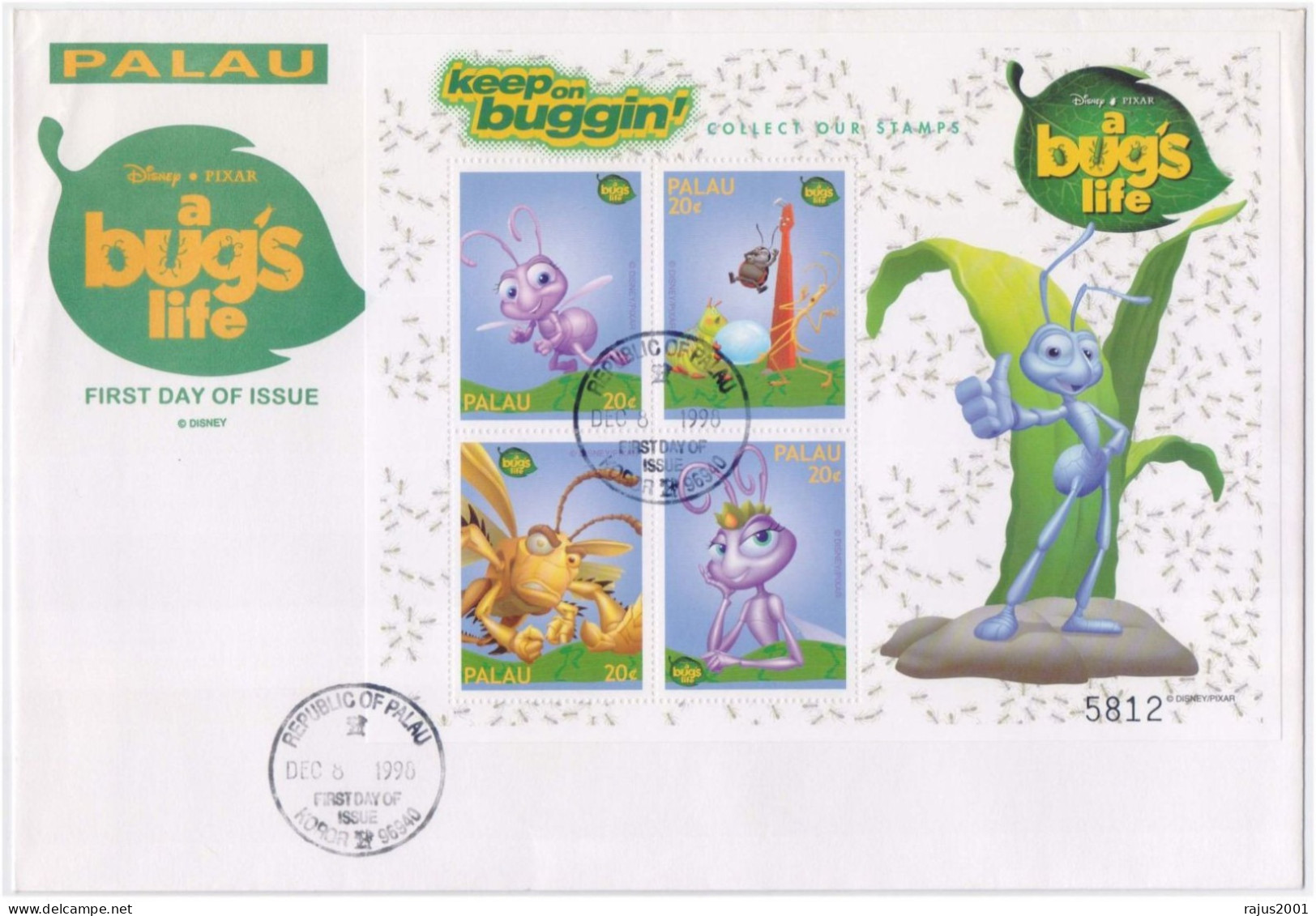 Disney Pixar, Bug, Bugs Life, Insects, Insect, Ants, Beetles, Cartoon, Animal, Souvenir Sheet FDC Palau - Other & Unclassified