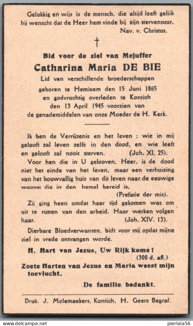 Bidprentje Hemiksem - De Bie Catharina Maria (1865-1945) - Imágenes Religiosas