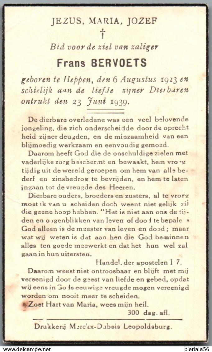 Bidprentje Heppen - Bervoets Frans (1923-1939) - Imágenes Religiosas