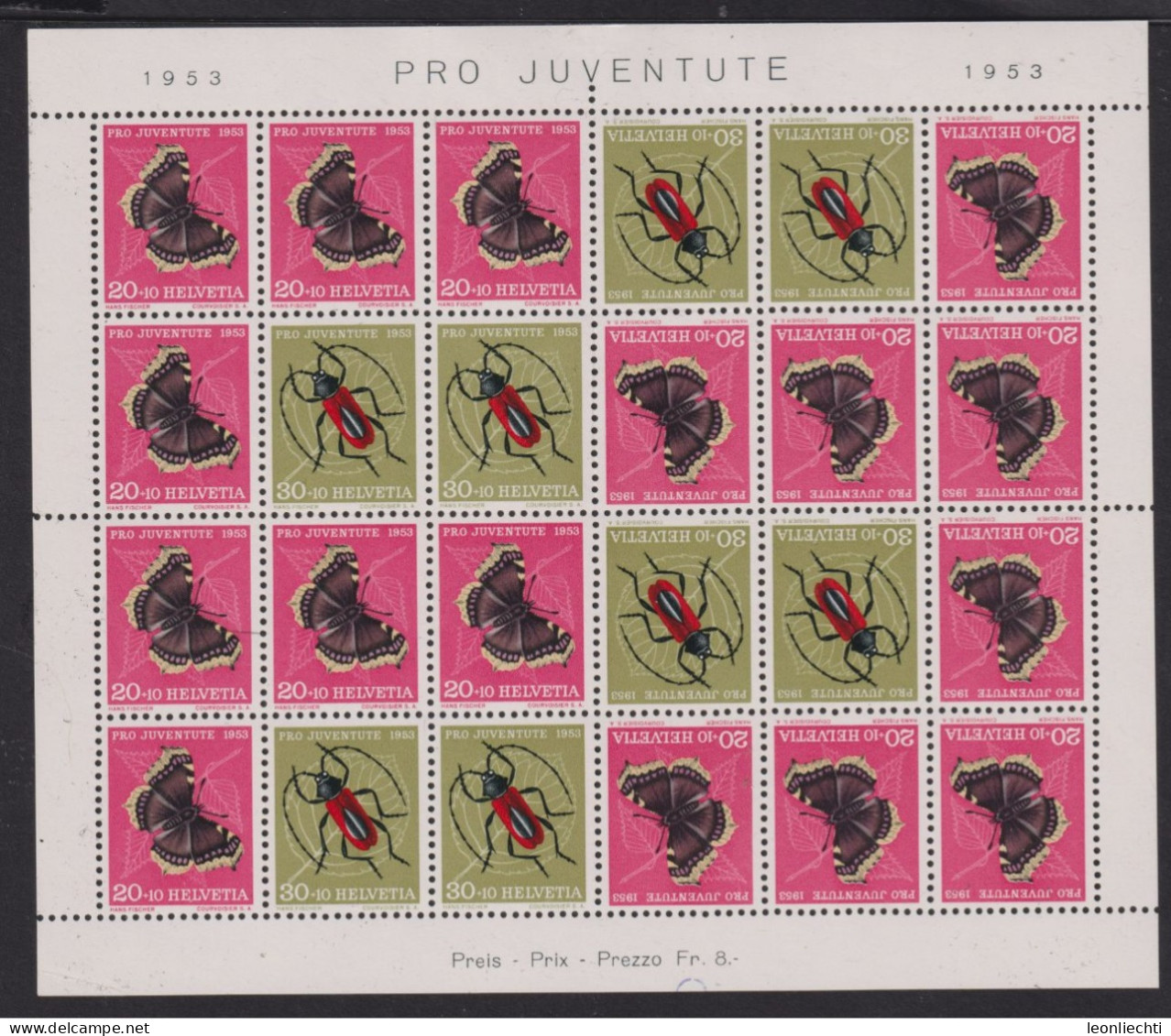 1953 Schweiz Pro Juventute ** Zum:CH JOZ41,Yt:CH 541a, Mi:CH 590+591, Kehrdruckblock, Trauermantel + Purpur-Bockkäfer - Unused Stamps