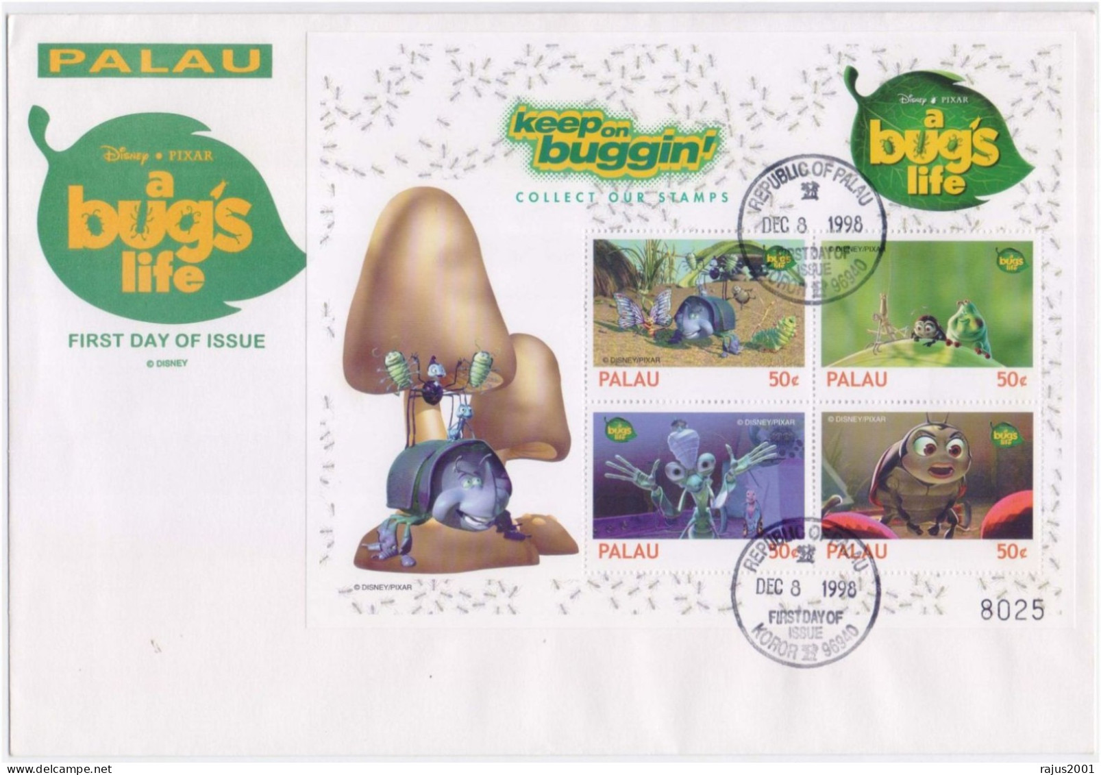 Disney Pixar, Bug, Bugs Life, Insects, Insect, Queen Ant, Ants, Beetles, Butterfly,  Cartoon, Animal, Souvenir Sheet FDC - Butterflies