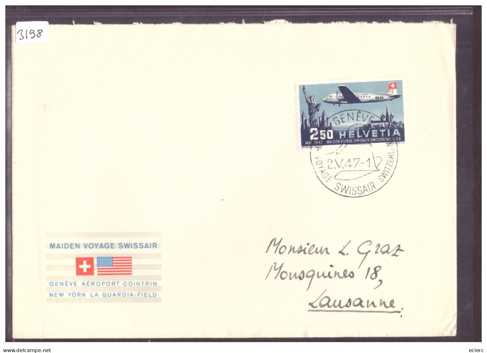 VOL SWISSAIR GENEVE NEW YORK 1947 - Erst- U. Sonderflugbriefe