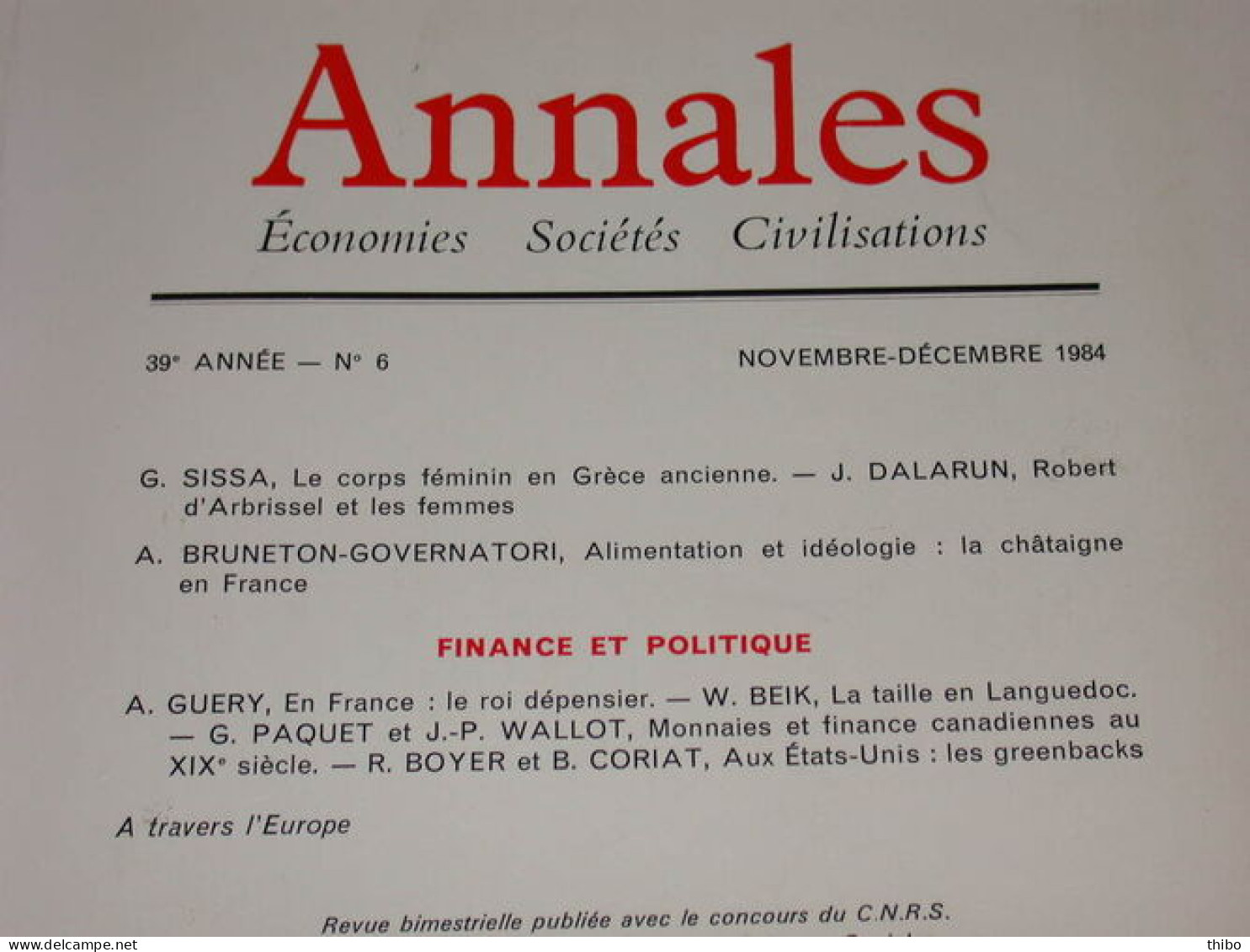 Revue "Annales" Economies Sociétés Civilisations. Novembre-Décembre 1984 - Ohne Zuordnung