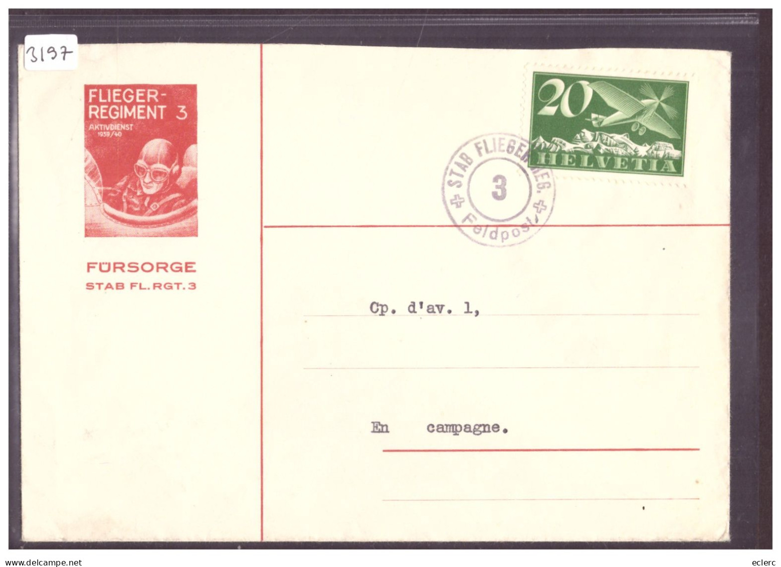 POSTE AERIENNE - FLIEGER REGIMENT 3 - CACHET MILITAIRE - Andere & Zonder Classificatie