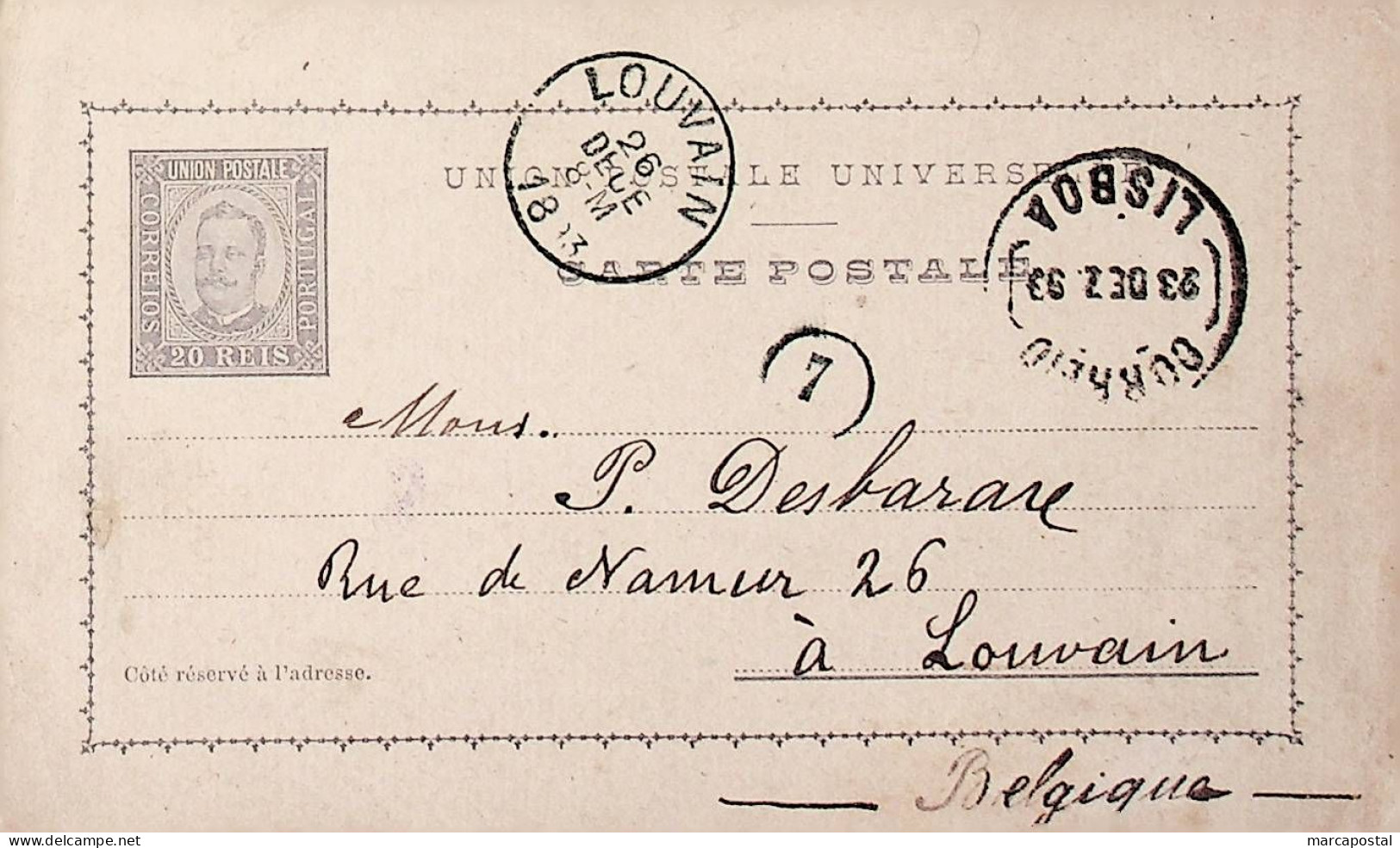 1893 Portugal Bilhete Postal Inteiro D. Carlos Cinzento-violeta 20 R. Enviado De Lisboa Para Lovaina / Louvain - Entiers Postaux