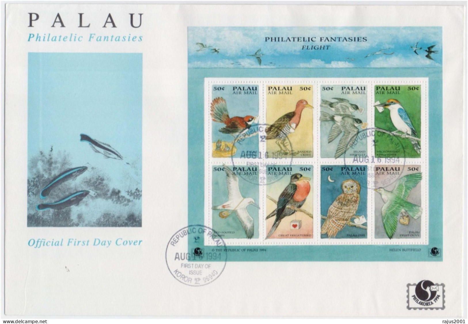 Philatelic Fantasies, OWL, Dove, Kingfisher, Bird,  Animal, Birds With Mail Letter & Parcel Flight, Full Sheet FDC Palau - Vleermuizen