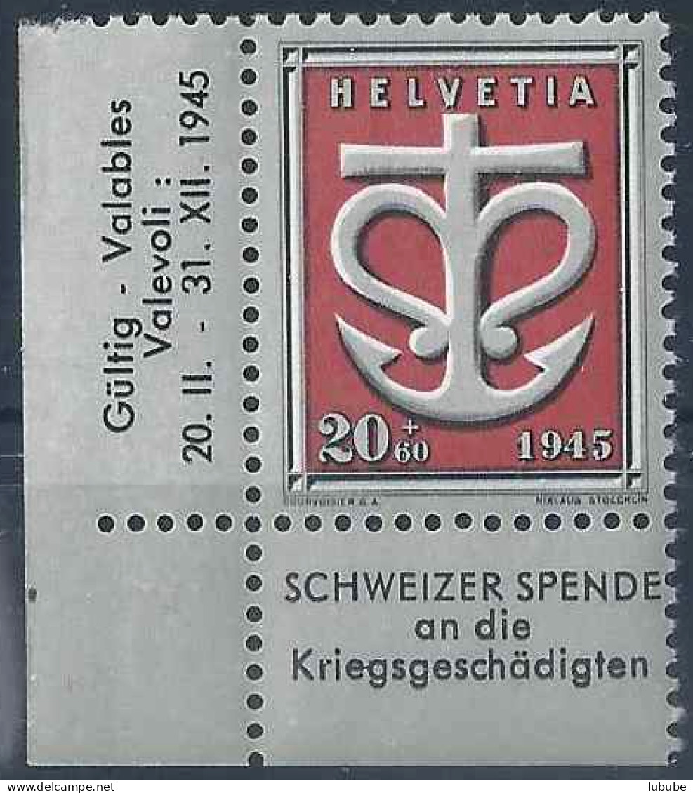 Kriegsgeschädigten W20, 20 Rp.rot/grau/schwarz ** (Eckrandstück)     1945 - Ungebraucht