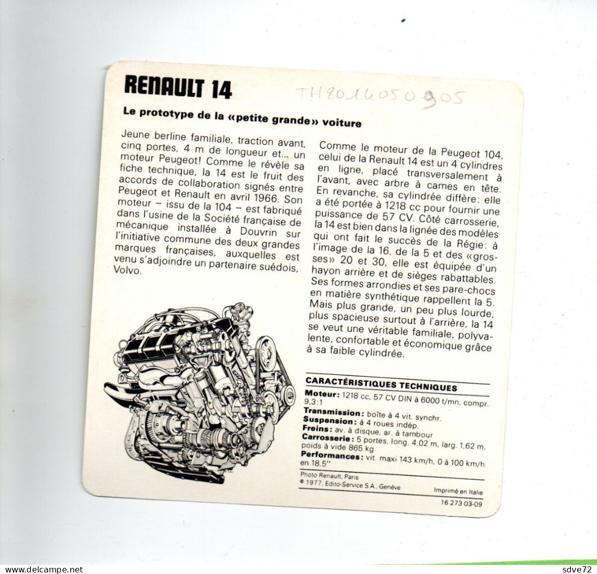 FICHE AUTOMOBILE - RENAULT 14 - Automobili