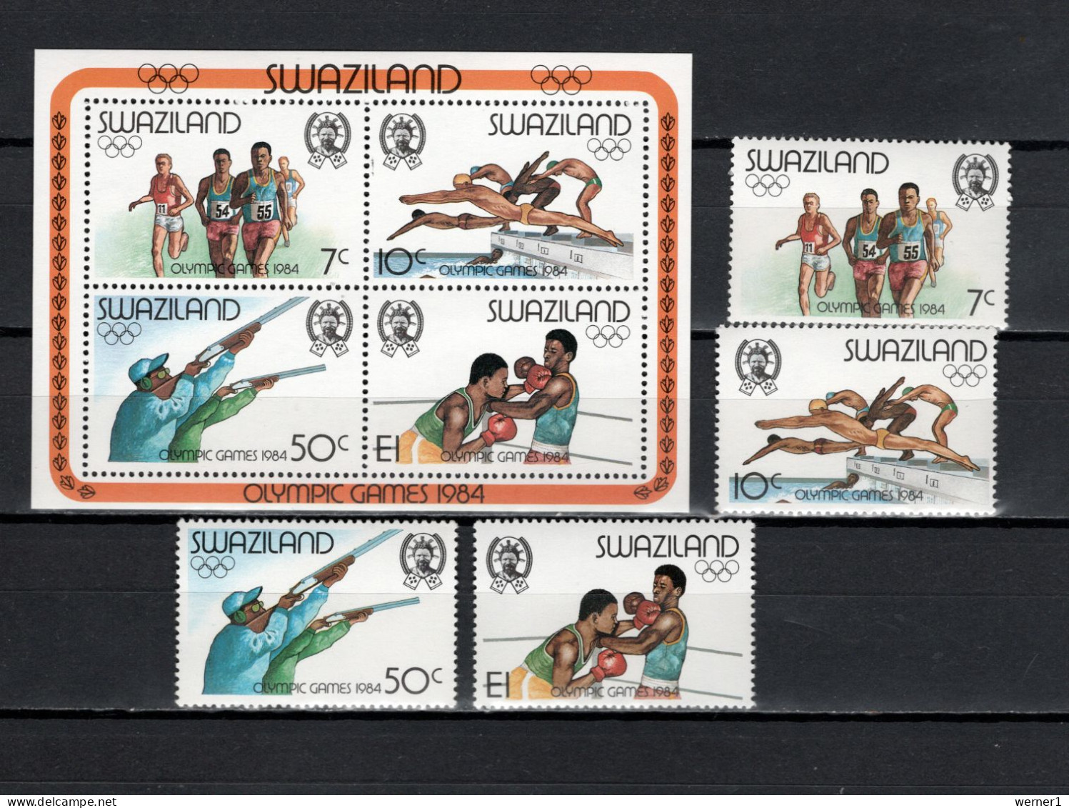 Swaziland 1984 Olympic Games Los Angeles, Athletics, Swimming, Shooting, Boxing Set Of 4 + S/s MNH - Verano 1984: Los Angeles