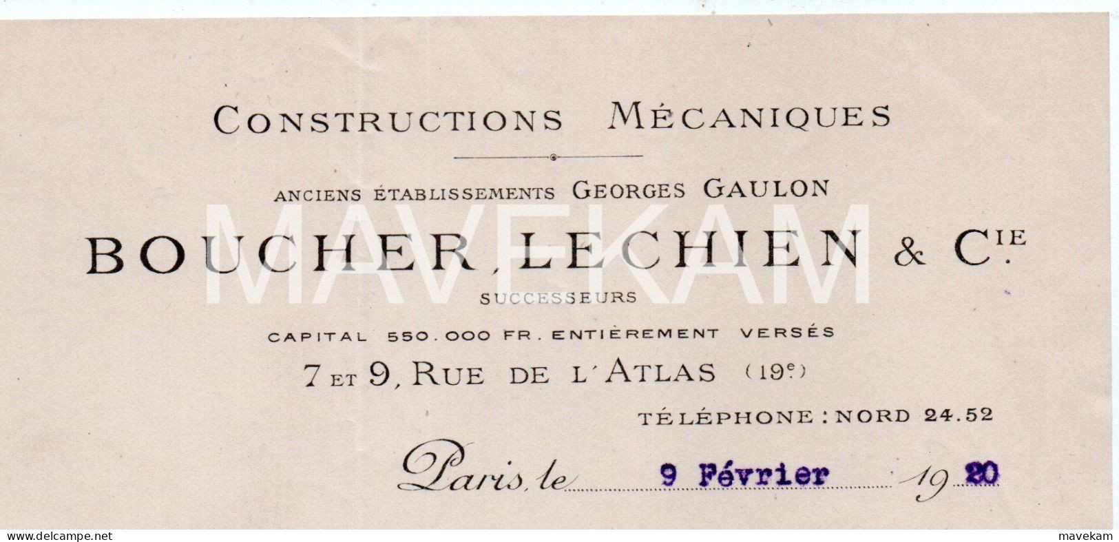 Facture Publicitaire " Boucher,LECHIEN & Cie" 7 Rue De L'Atlas Paris Machine Spéciale Pour La Papeterie Et Le Cartonnage - Imprimerie & Papeterie