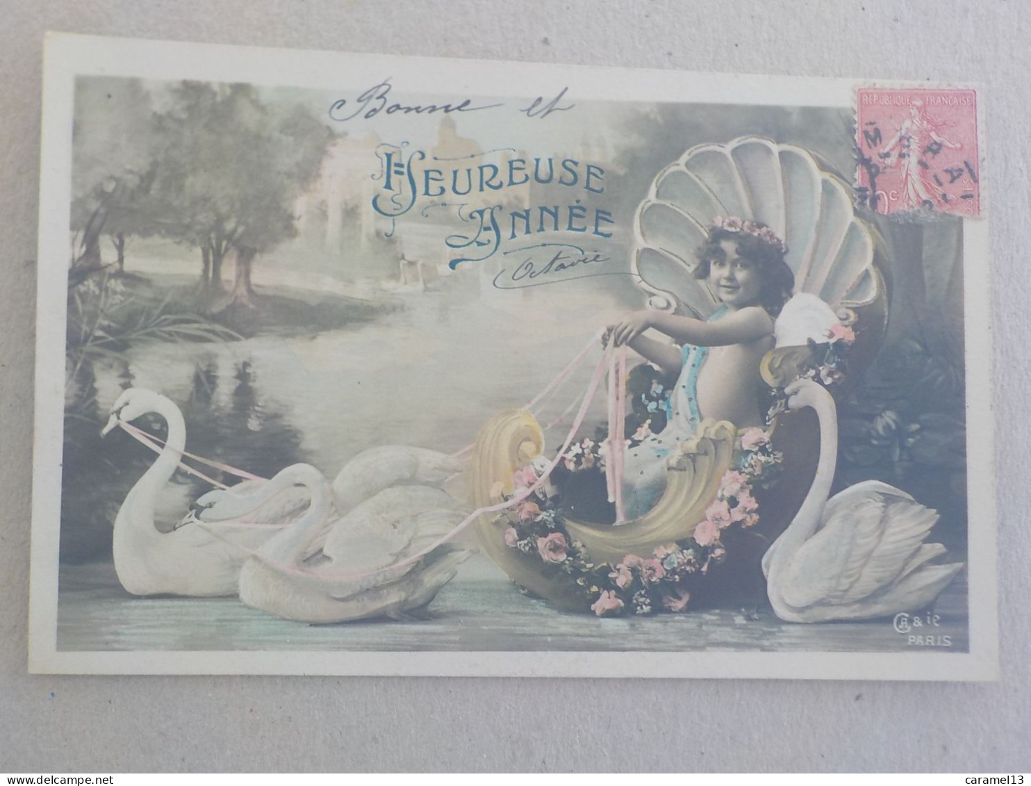 CPA -  AU PLUS RAPIDE - HEUREUSE ANNEE - ENFANT CYGNE COQUILLAGE SHELL - VOYAGEE  TIMBREE 1907 - - New Year