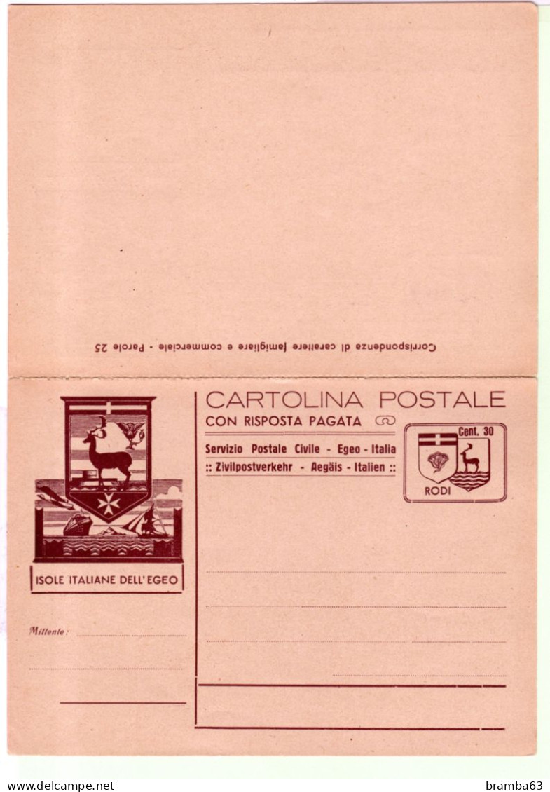 Cartolina Postale Con Risposta Pagata (completa - Nuova) C. 30+30 Bruno Su Giallino (valore Catalogo € 175) - Egeo (Rodi)