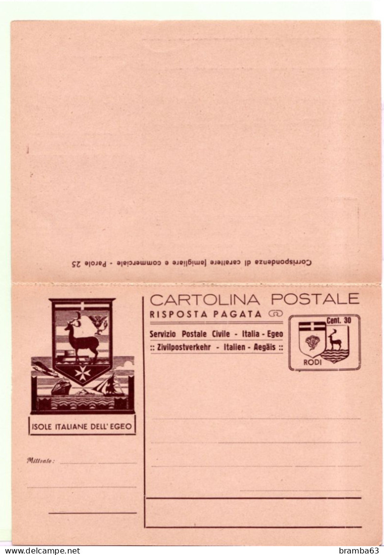 Cartolina Postale Con Risposta Pagata (completa - Nuova) C. 30+30 Bruno Su Giallino (valore Catalogo € 175) - Ägäis (Rodi)