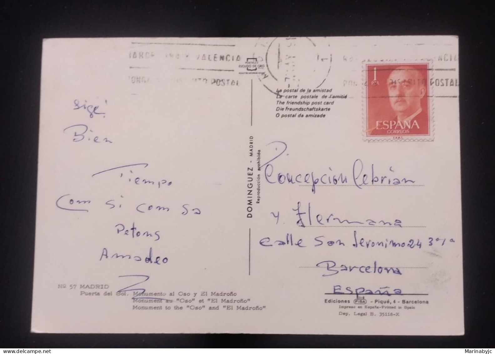 D)1955, SPAIN, POSTCARD CIRCULATED IN SPAIN, WITH STAMP, BASIC SERIES, FORGIVENESS, GENERAL FRANCO, XF - Andere & Zonder Classificatie