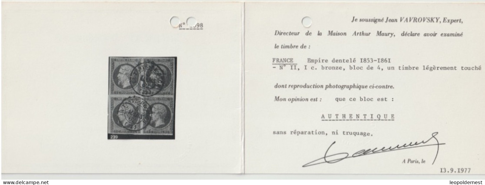 N°11.   Bloc De 4. 1 Timbre Court.  Cote 1200€. Signé MAURY. Certificat Expert; - 1853-1860 Napoleone III