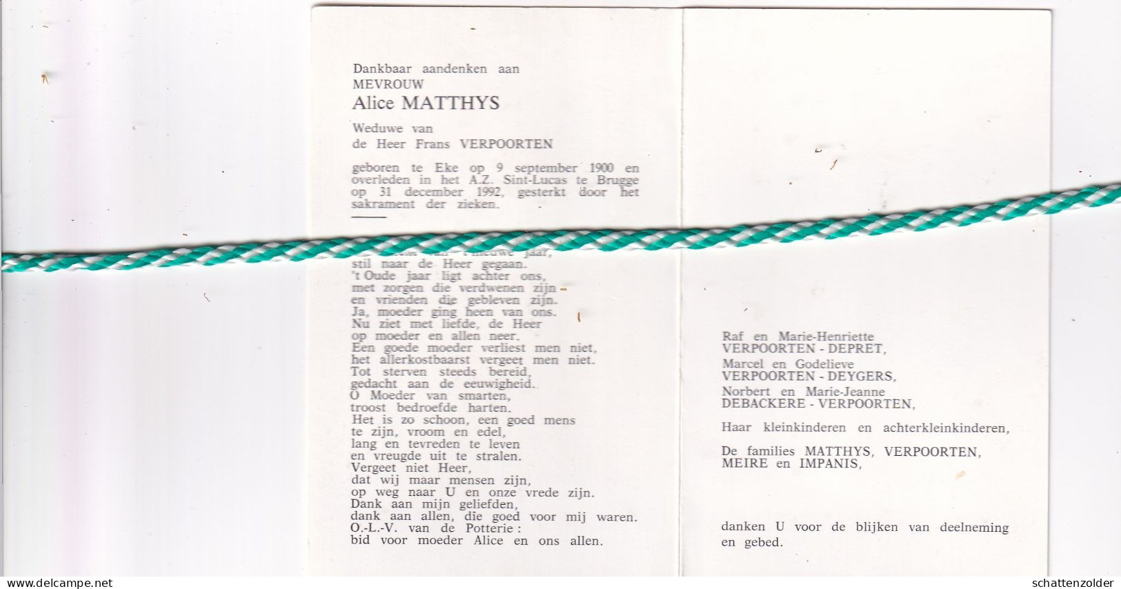 Alice Matthys-Verpoorten, Eke 1900, Brugge 1992 - Avvisi Di Necrologio