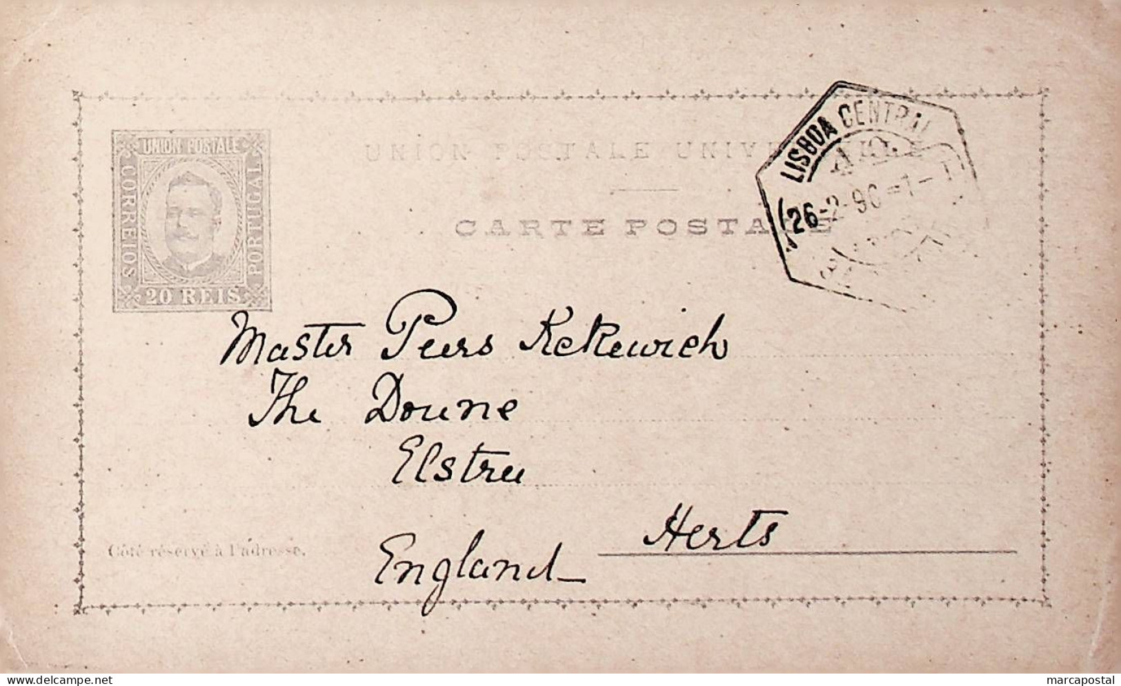 1896 Portugal Bilhete Postal Inteiro D. Carlos Cinzento-violeta 20 R. Enviado De Lisboa Para Herts, Inglaterra - Postwaardestukken