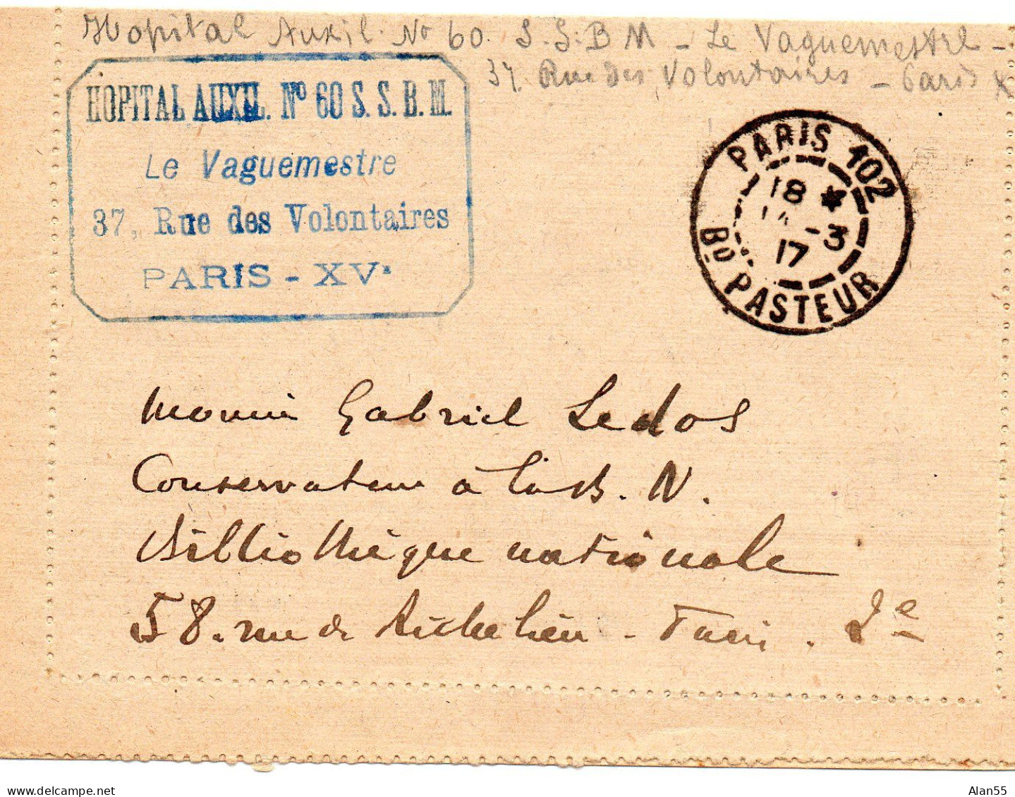 FRANCE.1917."HOPITAL  AUXILIAIRE  60. S.S.B.M.PARIS (SEINE) - Guerra D'Algeria