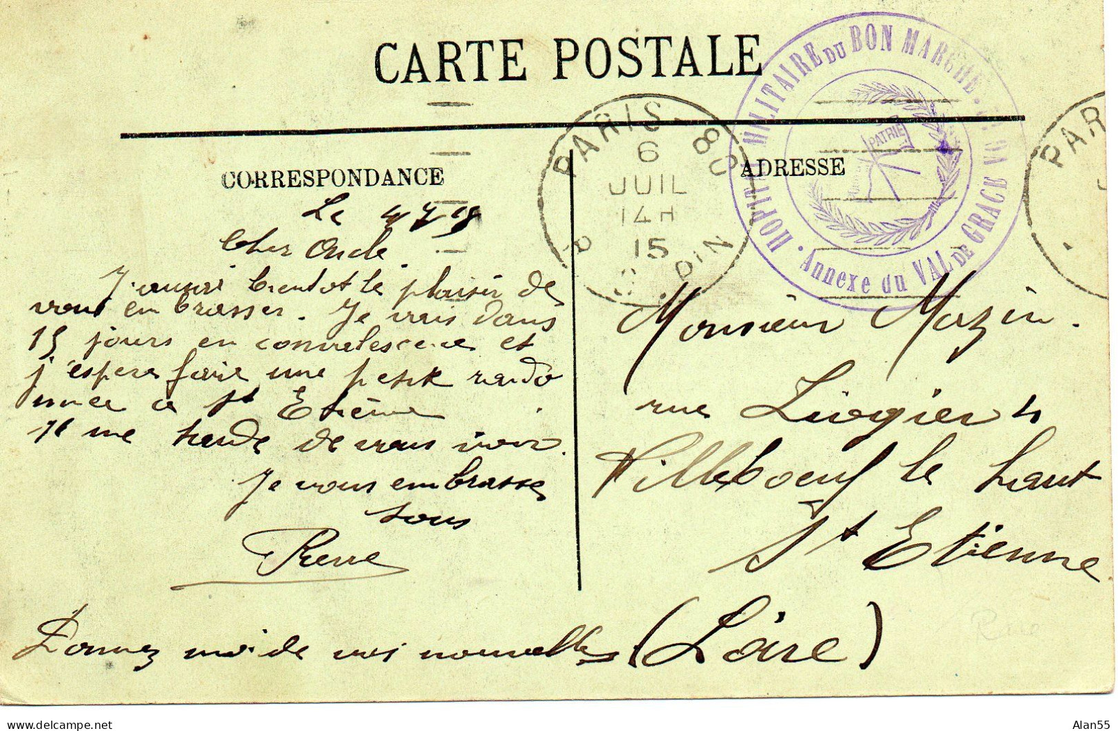 FRANCE.1915.RARE CACHET "HOPITAL MILITAIRE DU BON MARCHE.ANNEXE DU VAL-DE-GRACE.V.G.12.PARIS (SEINE) - Guerre Mondiale (Première)