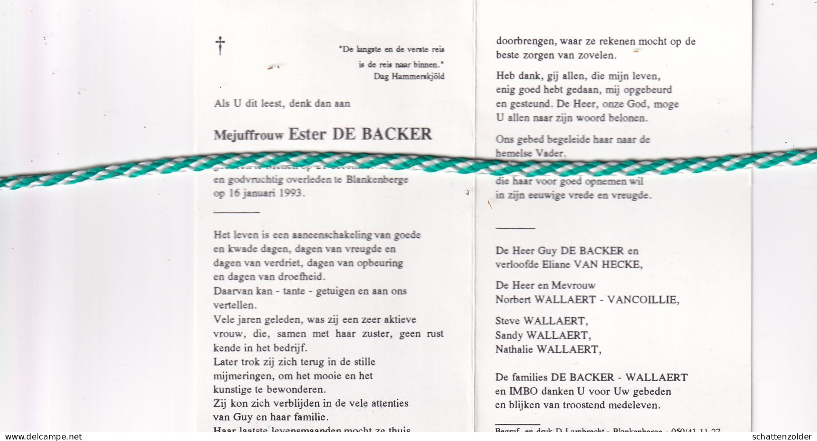 Esther De Backer; Menen 1899, Blankenberge 1993 - Todesanzeige