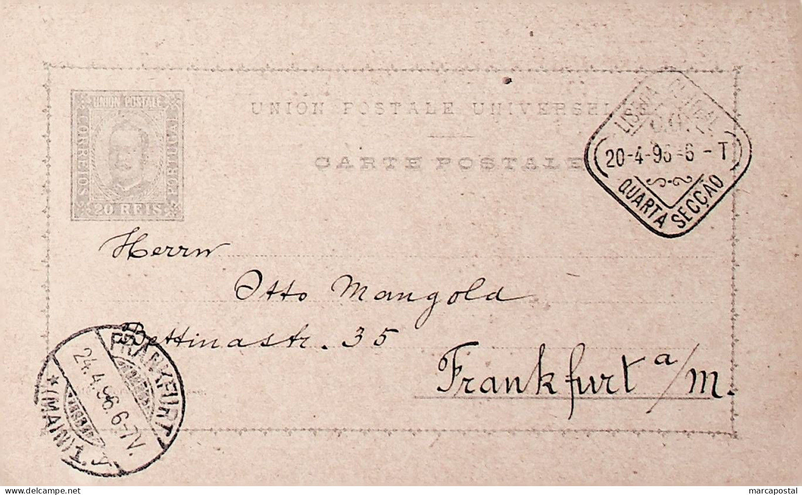1896 Portugal Bilhete Postal Inteiro D. Carlos Cinzento-violeta 20 R. Enviado De Lisboa Para Frankfurt, Alemanha - Postwaardestukken