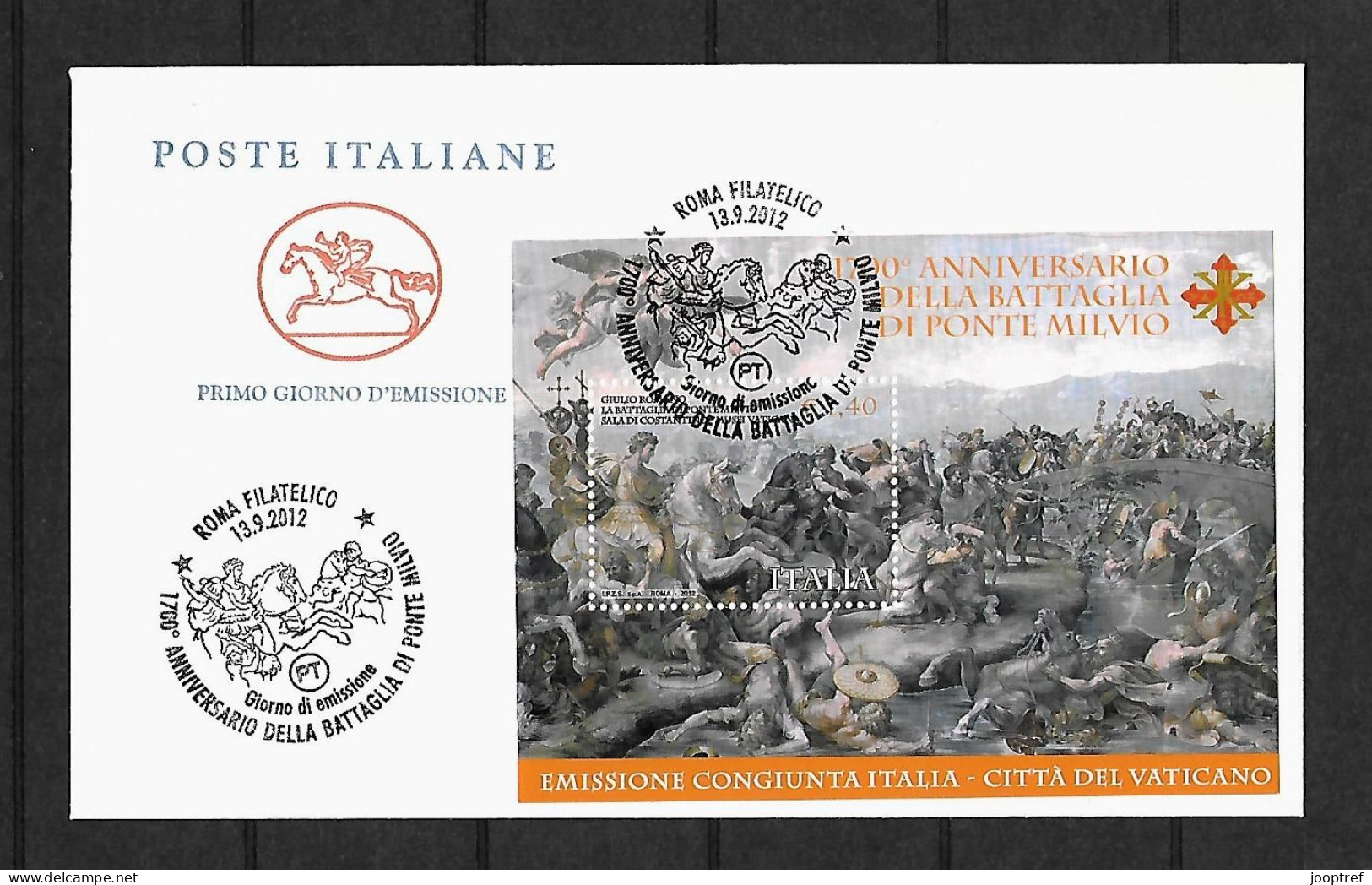 2012 Joint/Congiunta Italy And Vatican, OFFICIAL FDC WITH SOUVENIR SHEET: Battle Milvio Bridge - Gemeinschaftsausgaben