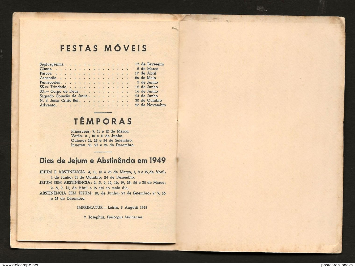 1949 Livrinho CALENDARIO Nossa Senhora De FATIMA. Booklet 16 Pages Calendar Our Lady Imprimatur LEIRIA 1948 Portugal - Formato Piccolo : 1941-60