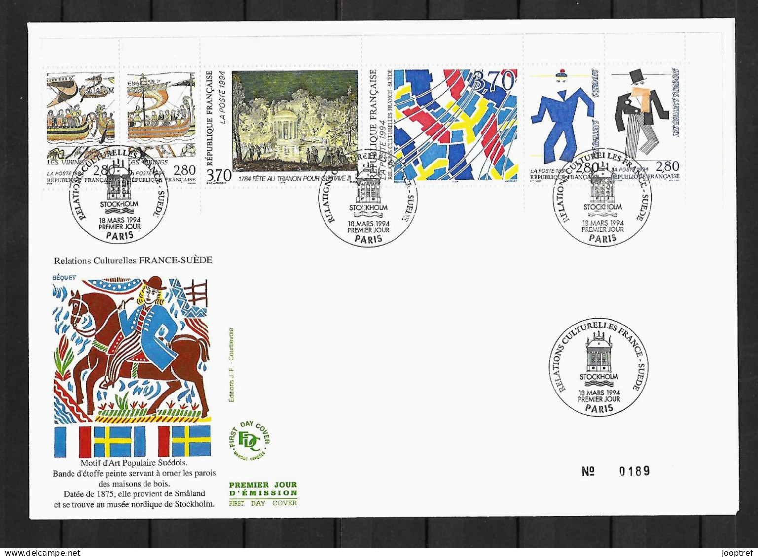 1994 Joint/Commune France And Sweden, FDC FRANCE WITH STRIP 6 STAMPS: Cultural Relations - Emissioni Congiunte