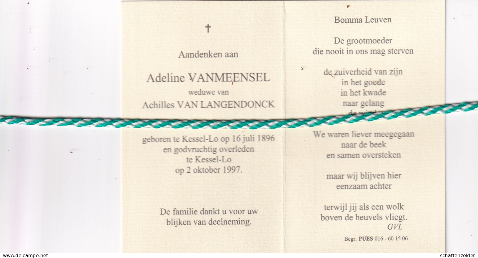 Adeline Vanmeensel-Van Langendonck, Kessel-Lo 1896, 1997. Honderdjarige. Foto - Overlijden