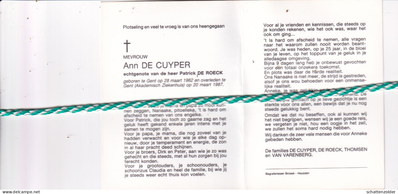 Ann De Cuyper-De Roeck, Gent 1962, 1987. Foto - Overlijden