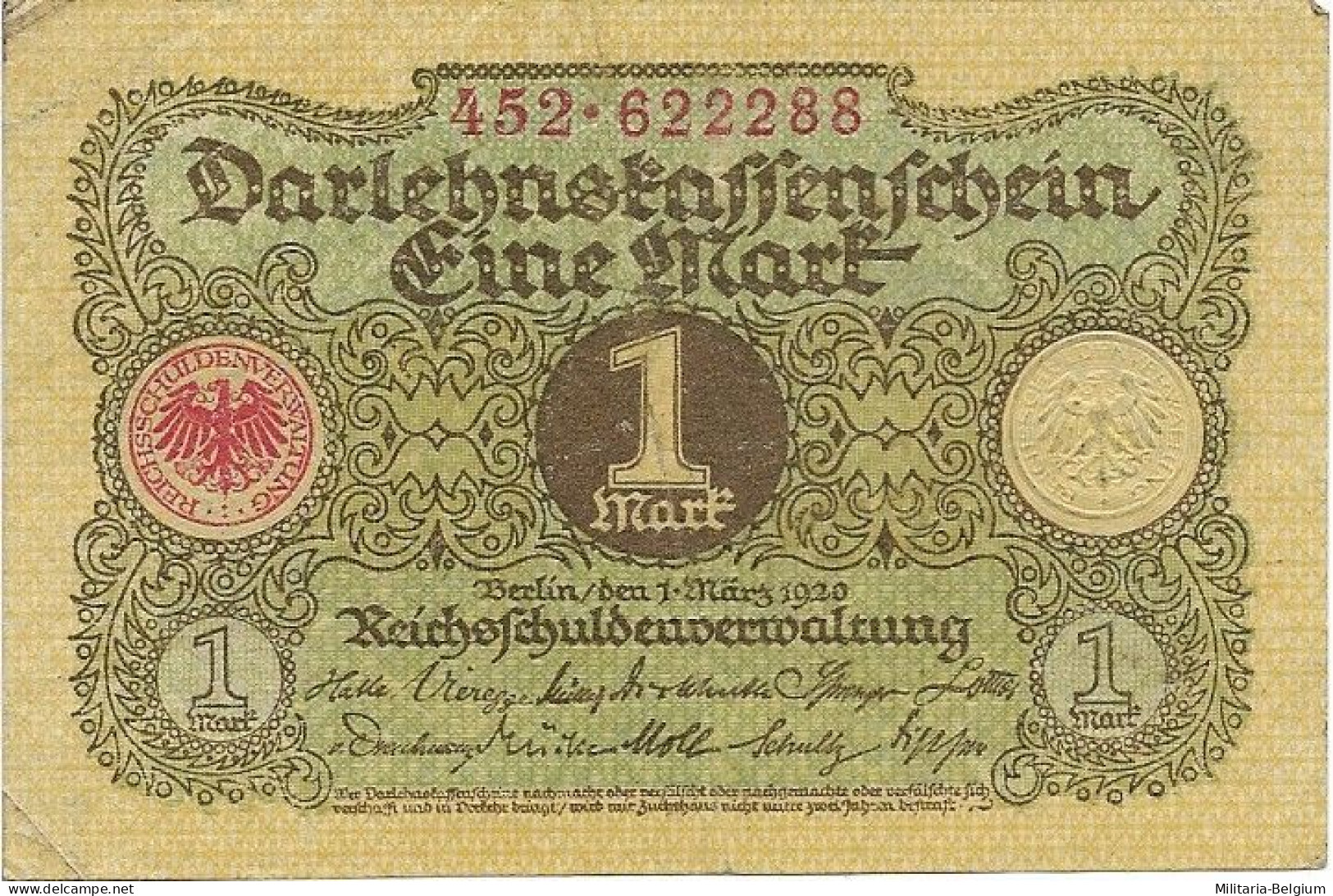 Duitsland - Darlehnskassenschein Eine Mark - 1920 - Administration De La Dette