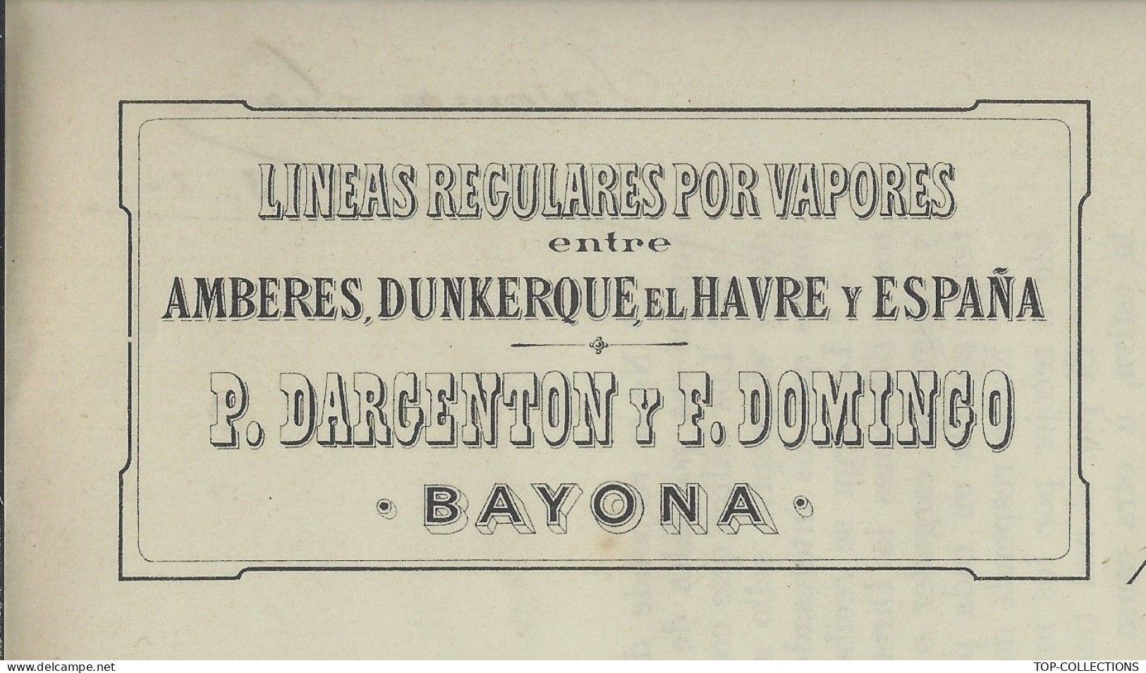 1887 NAVIGATION CONNAISSEMENT P.DARGENTON Y F.DOMINGO Bayonne Bayona  Pour L’ ESPAGNE V.HISTORIQUE - 1800 – 1899