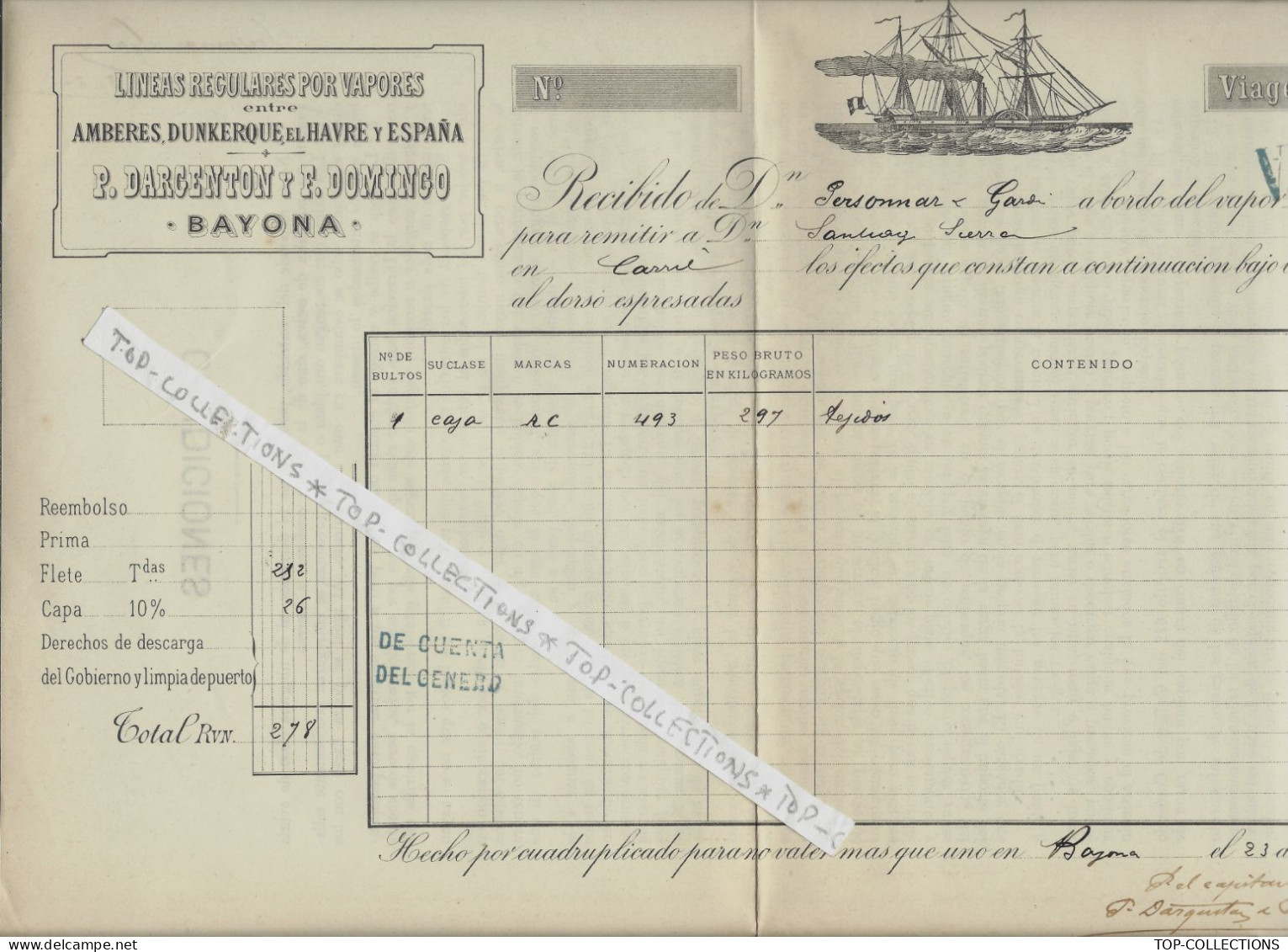 1887 NAVIGATION CONNAISSEMENT P.DARGENTON Y F.DOMINGO Bayonne Bayona  Pour L’ ESPAGNE V.HISTORIQUE - 1800 – 1899