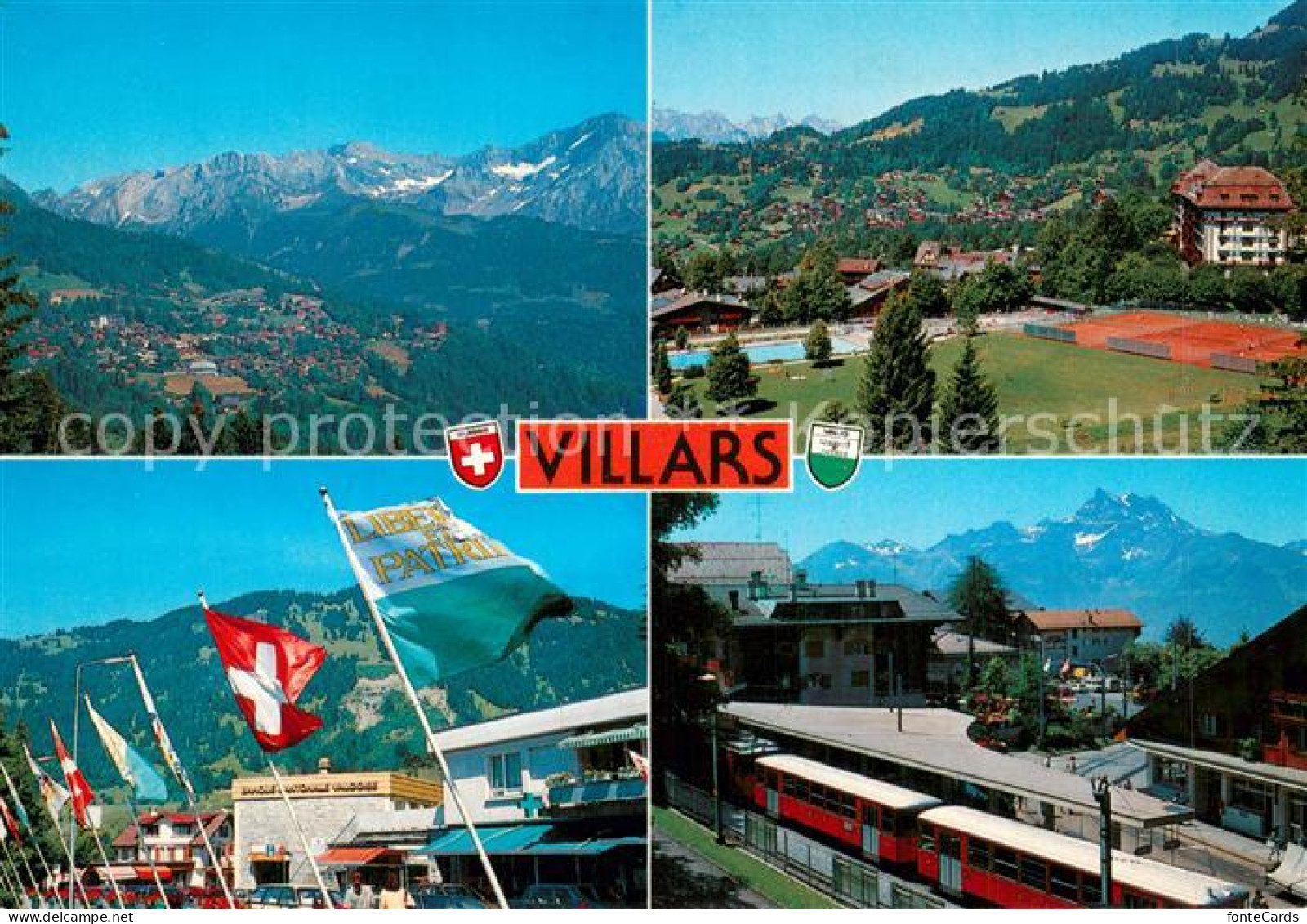 13754880 Villars Chesieres Panorama Tennisplatz Fahnen Eisenbahn Villars Chesier - Autres & Non Classés