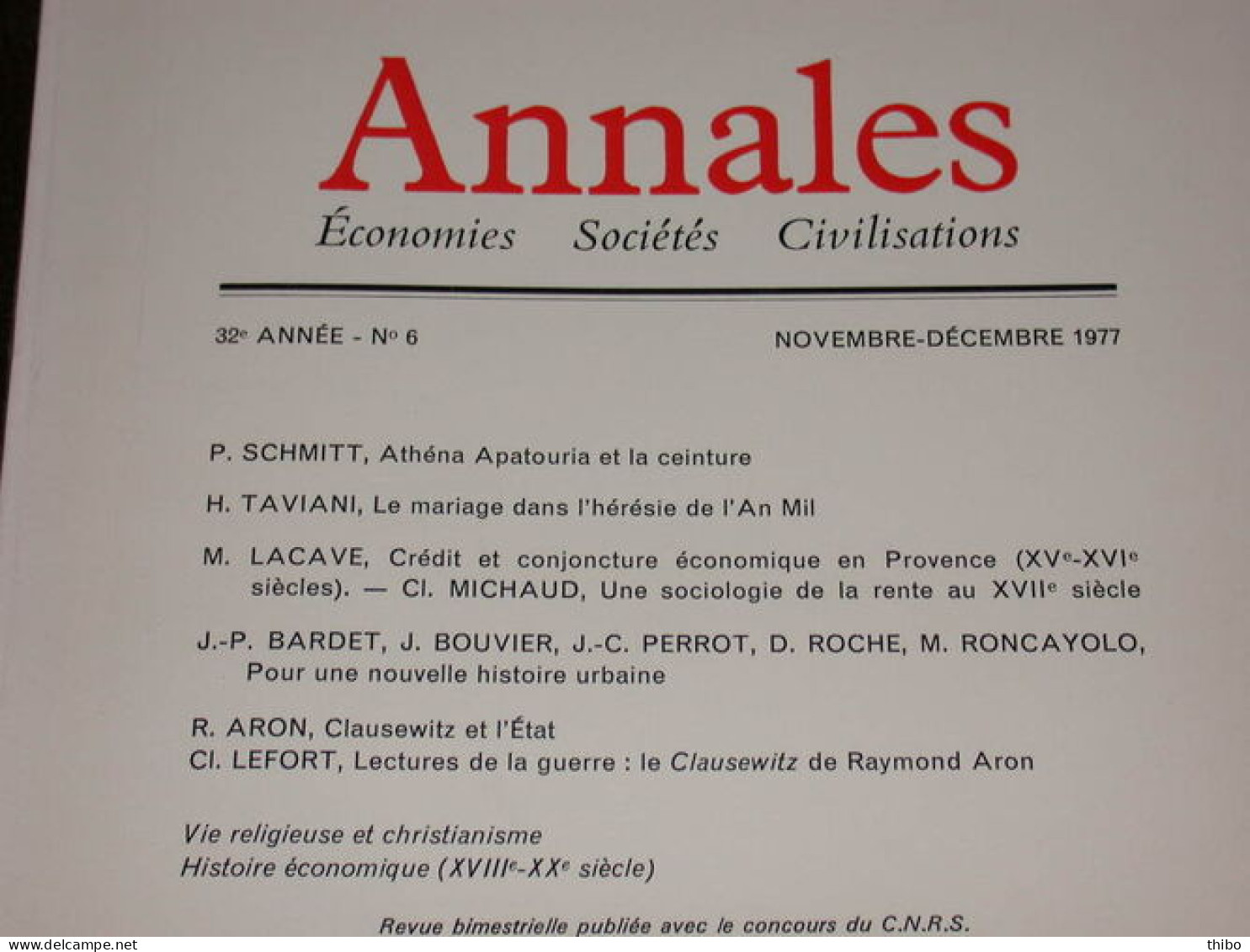 Revue "Annales" Economies Sociétés Civilisations. Novembre-Décembre 1977 - Non Classés