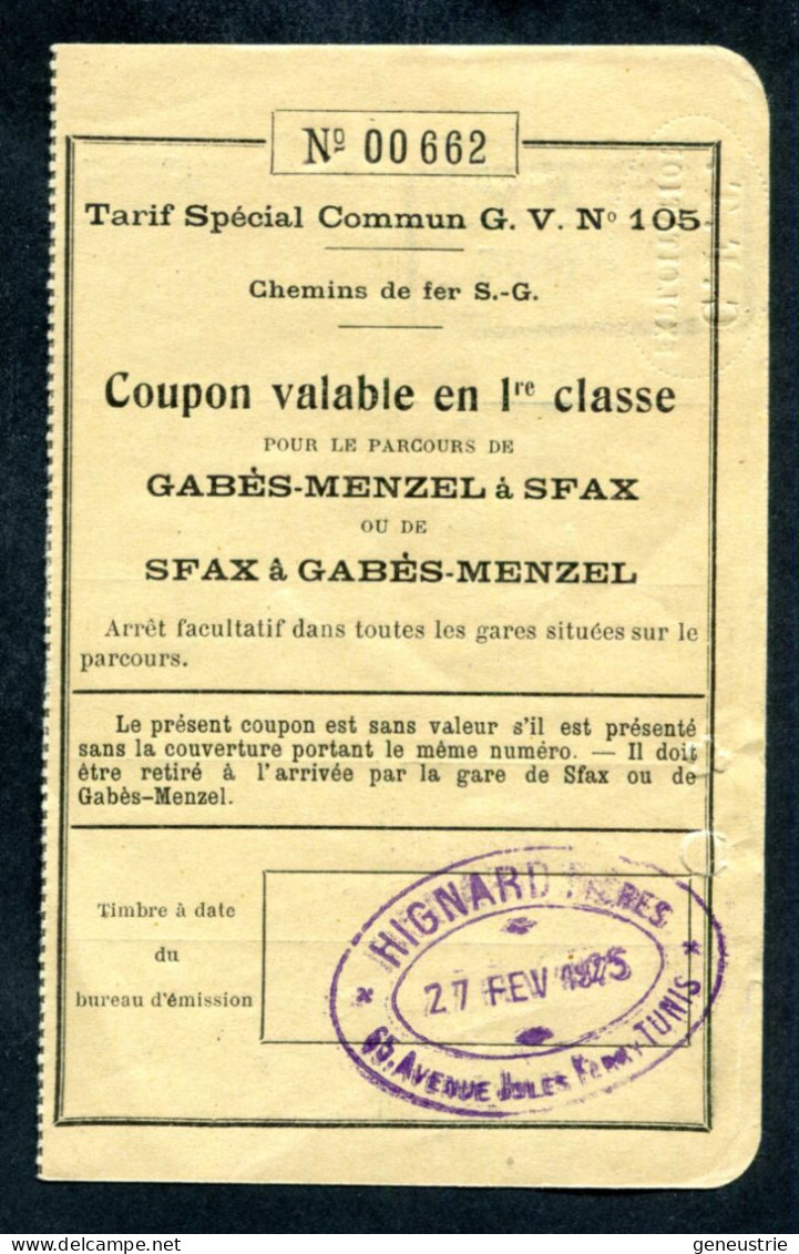 Ticket Train Tunisie 1925 (Epoque Protectorat) Chemins De Fer Tunisiens "Gabès Menzel à Sfax" Hignard Frères à Tunis" - Mundo