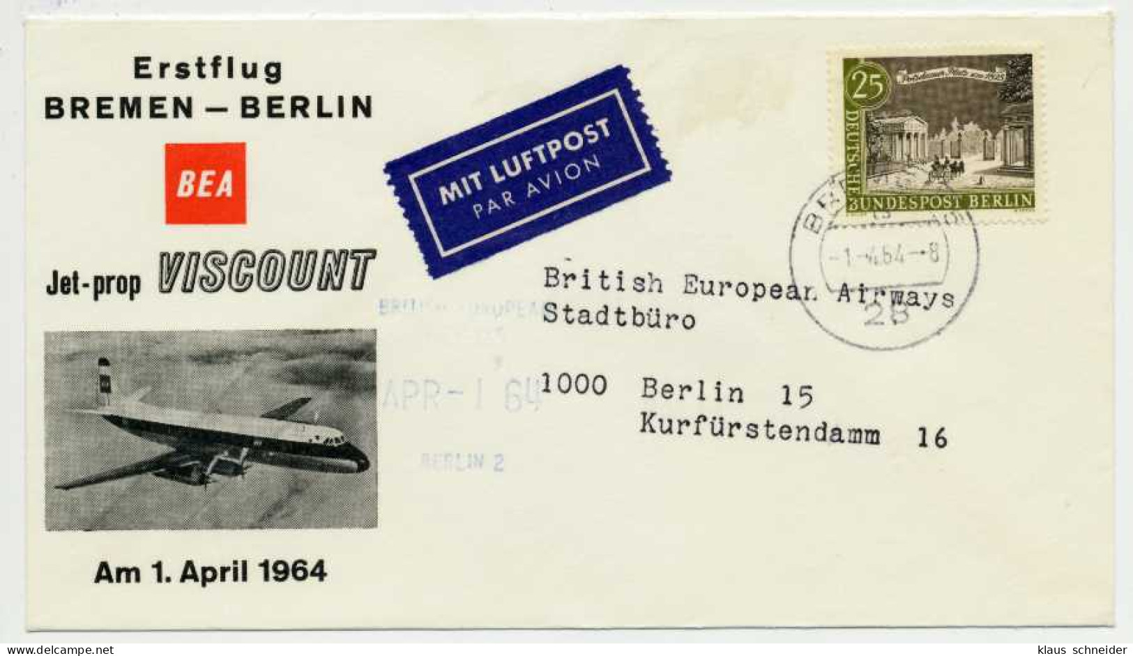 BERLIN 1964 Nr 222 JET PROP VISCOUNT BRIEF EF X73EEDA - Brieven En Documenten