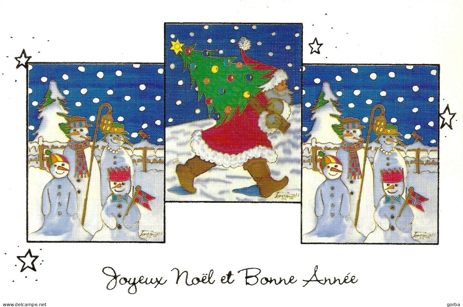 *CPM Double - Carte De Voeux - Atmosphère Pere Noel Avec Sapin, Bonhomme De Neige - Dessin De Tom Yendell - Nouvel An