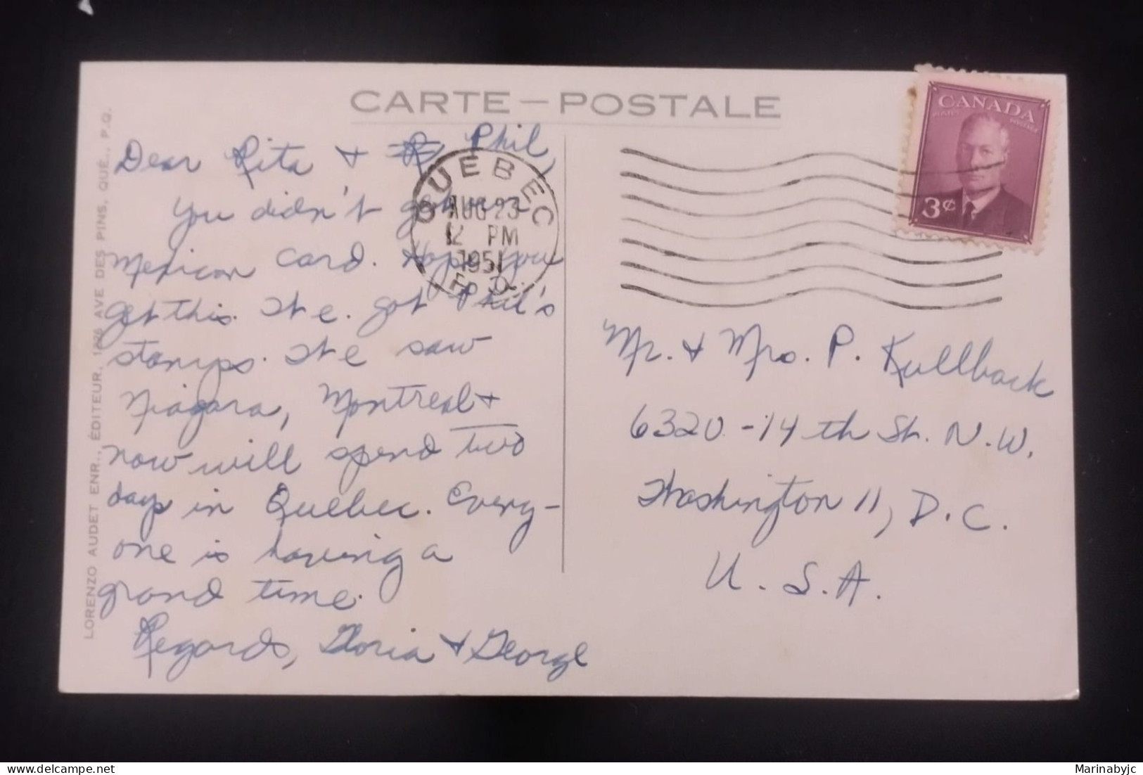 D)1951, CANADA, POSTCARD SENT TO U.S.A, WITH GEORGE VI STAMPS, XF - Otros & Sin Clasificación