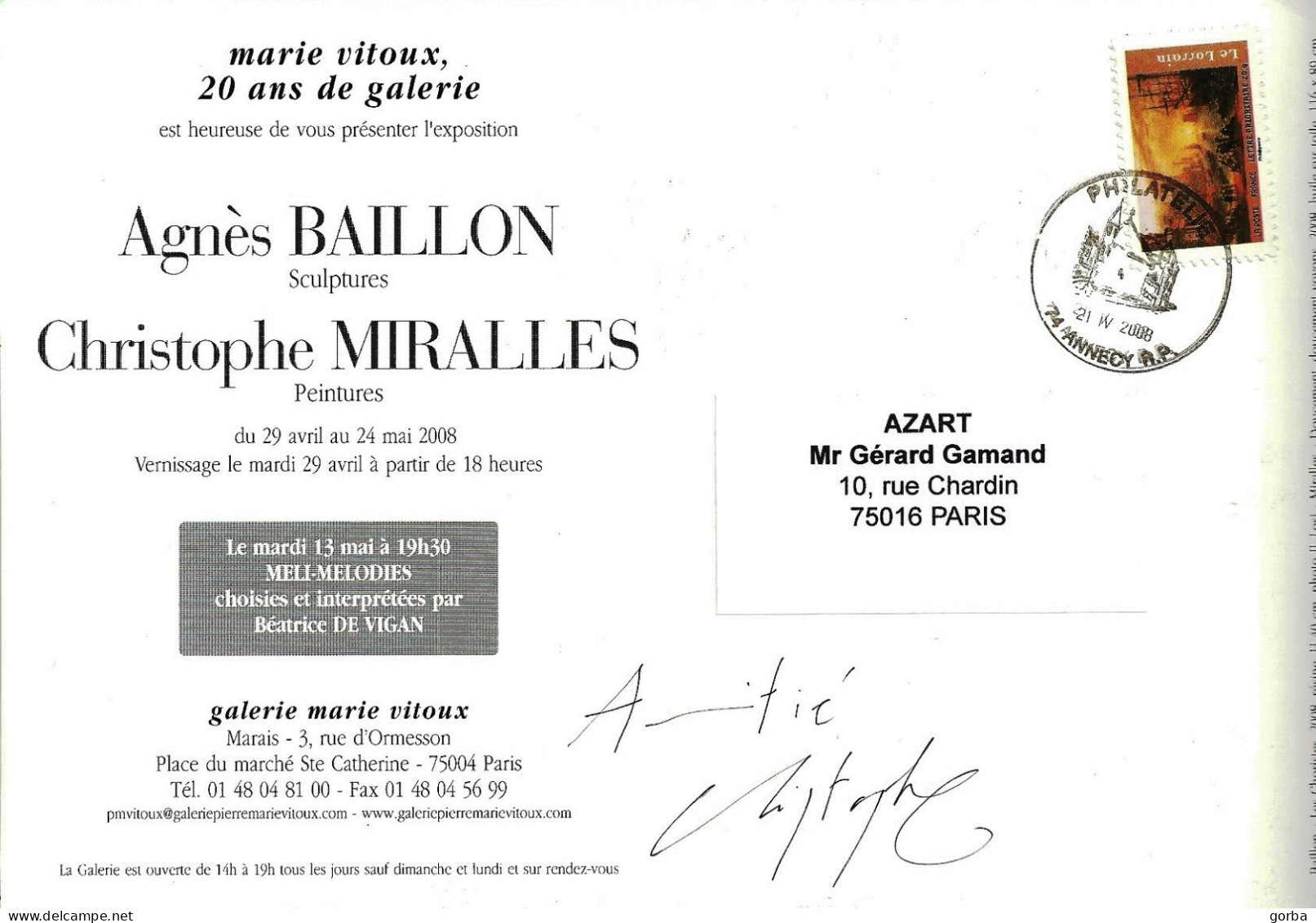 *CPM - 15 X 22 - Sculture Agnès BAILLON, Peinture Christophe MIRALLES - Invitation Galerie Marie Vitoux à PARIS (75) - Expositions