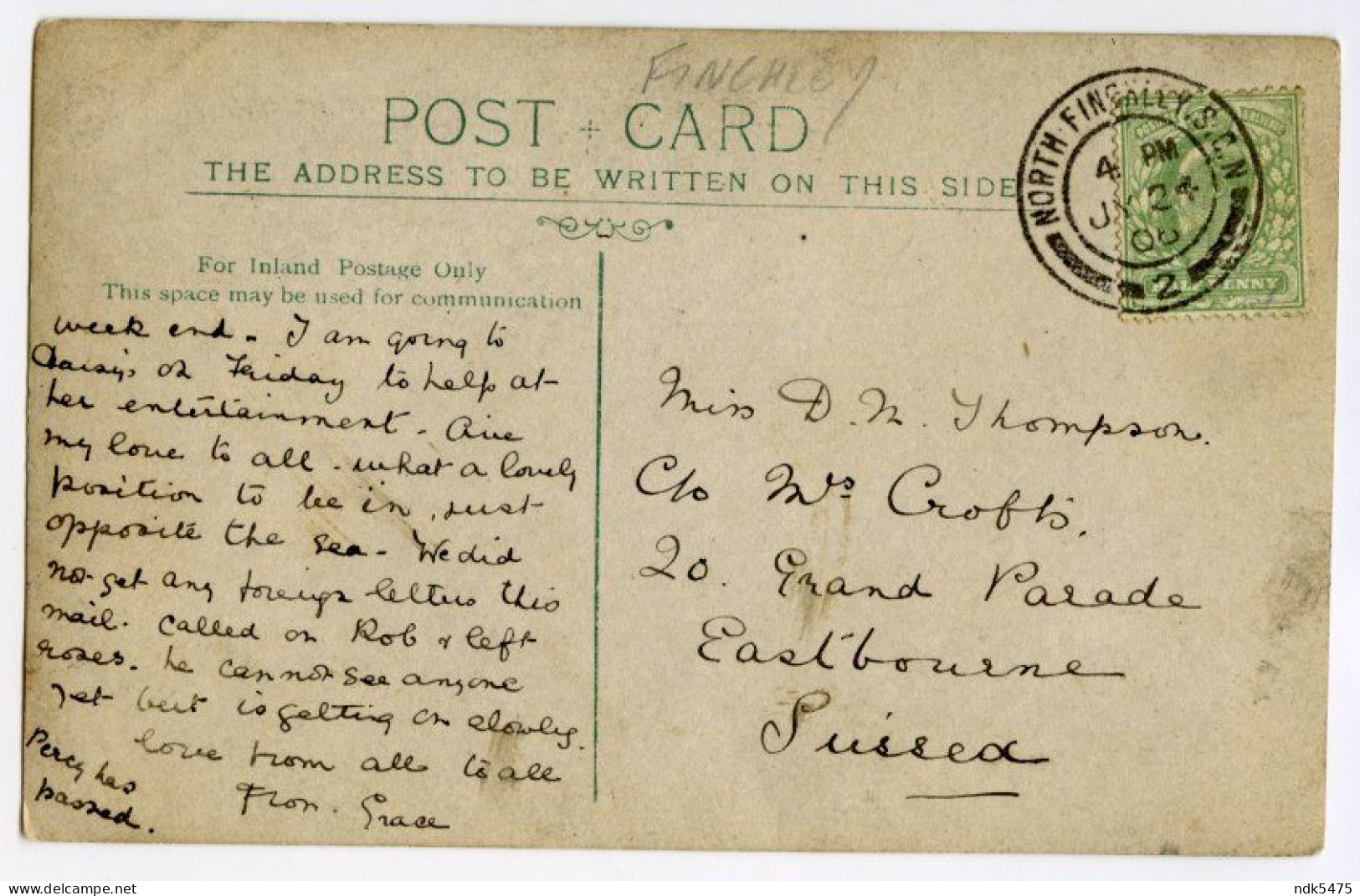 LONDON : NORTH FINCHLEY - COLEBROOKE / S. C. N POSTMARK / EASTBOURNE, GRAND PARADE (CROFTS, THOMPSON) - Londen - Buitenwijken