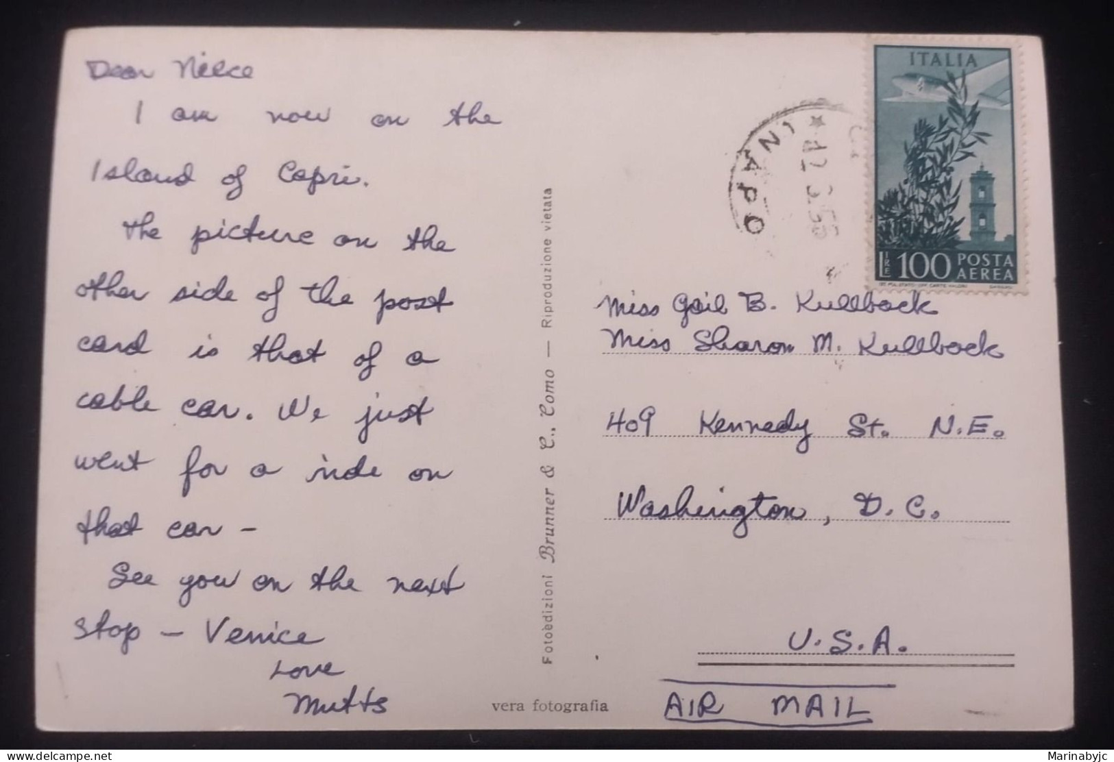 D)1956, ITALY, POSTCARD SENT TO U.S.A, AIR MAIL, WITH STAMP TYPE OF 1948, AIR MAIL, DOUGLAS DC - 3, XF - Unclassified