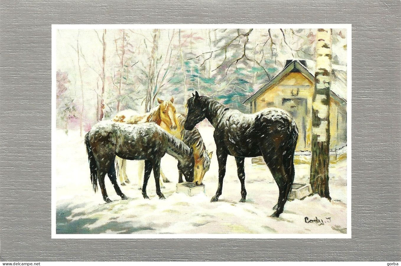 *CPM - Carte Double - "Chevaux En Hiver" Acrylique De C. TRESIERRA (handicapé) - Peintures & Tableaux