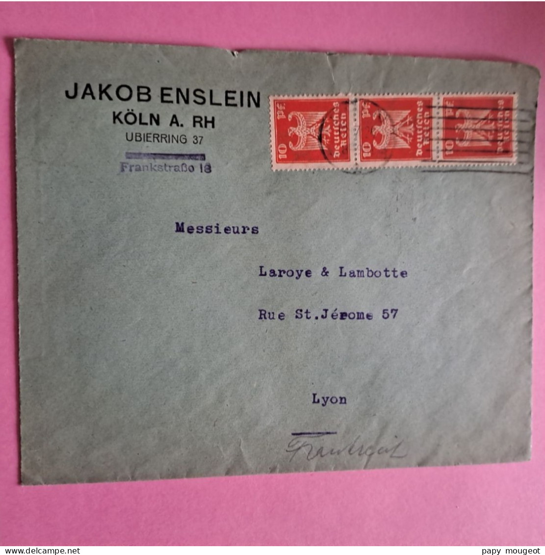 Lettre Entête Jacob Enslein Köln A. RH Pour Lyon (France, 69) - 13-07-1924 - Covers & Documents