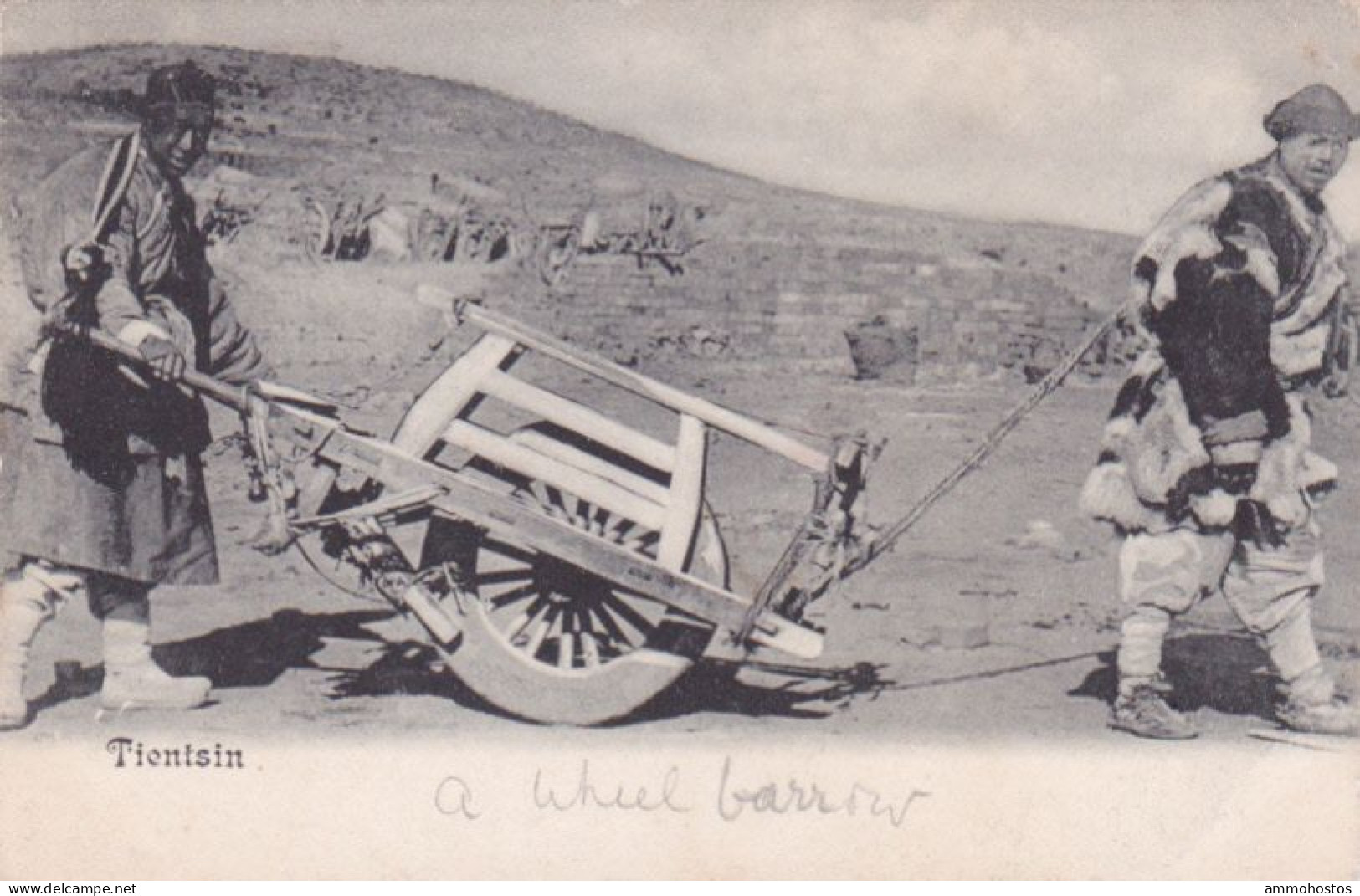 CHINA POSTCARD TIENTSIN WHEEL BARROW 1906 GUERNSEY CHANNEL ISLANDS - China